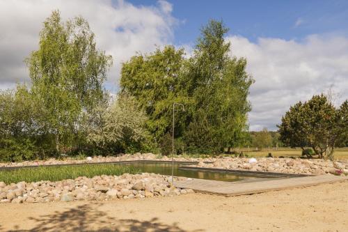 a pond in a field with rocks and trees at Ferienhaus Möwe in Krienke