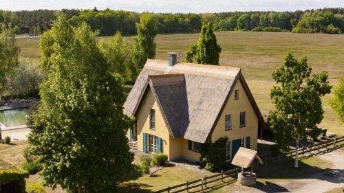 an aerial view of a house with a roof at Ferienhaus Kranich in Krienke