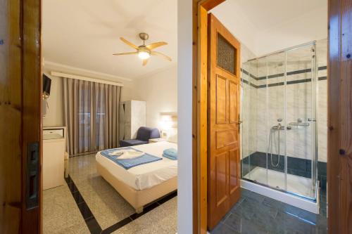 una camera d'albergo con letto e doccia di Pansion Nikos Vergos a Párga