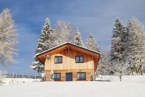 a wooden house in the snow with trees at Chalet Langhans in Kamperkogel