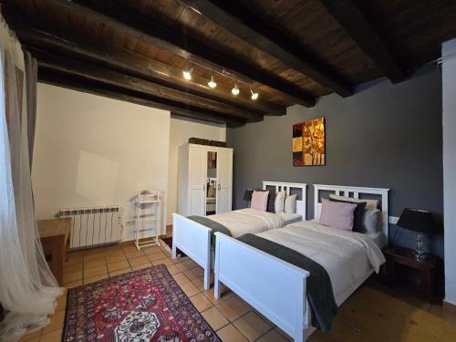 ein Schlafzimmer mit zwei Betten und einem Teppich in der Unterkunft Can Rossa in Palol de Oñar