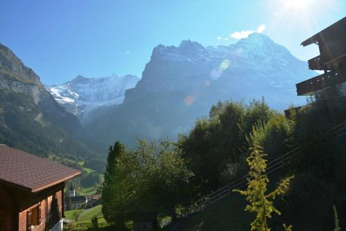a view of a mountain range with a house and trees at Chalet Rivendell - GRIWA RENT AG in Grindelwald