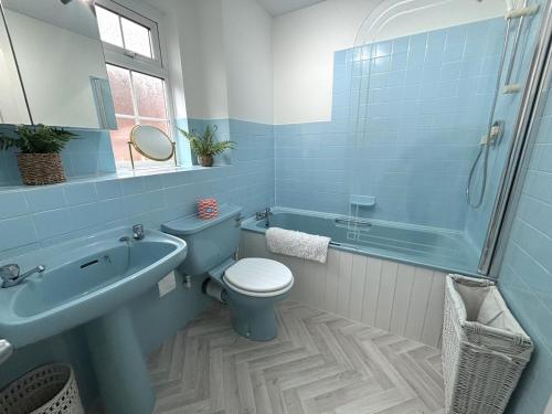 a blue bathroom with a toilet and a sink at Upperton Townhouse in Eastbourne
