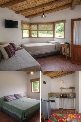 two pictures of a bedroom with two beds and a kitchen at El Sueñero Tilcara in Tilcara