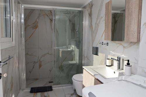 a bathroom with a shower and a toilet and a sink at Best House Erato Neo Faliro Piraeus in Piraeus