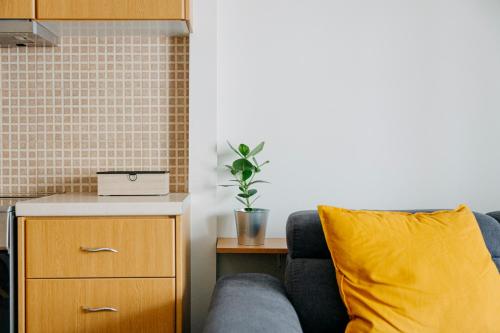 a living room with a couch and a yellow pillow at Tyto Alba Habitat in Athens