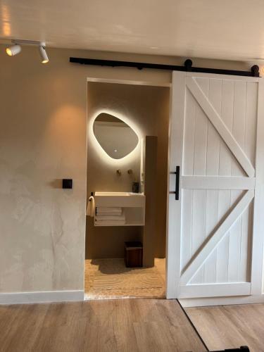a sliding barn door in a bathroom with a sink at Maison Colombe, met airco in Oudesluis