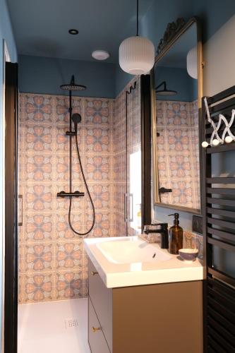 a bathroom with a sink and a shower and a mirror at Château de Lemps in Lemps