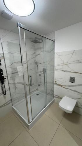 a shower stall in a bathroom with a toilet at Apartamenty Odrodzenia 11 in Szczytno