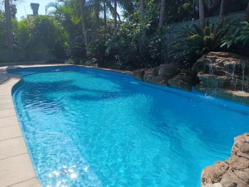a swimming pool with blue water in a yard at The Original Bel-Air Motel in Port Macquarie