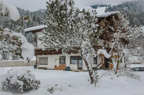 a snow covered house with a tree in front of it at Haus Kristall in Bach