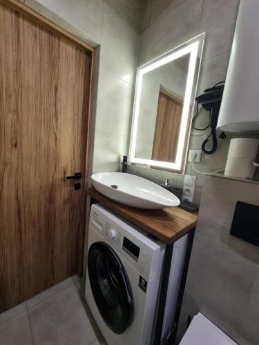 a bathroom with a washing machine and a sink at Котедж Rest Hill in Vorokhta