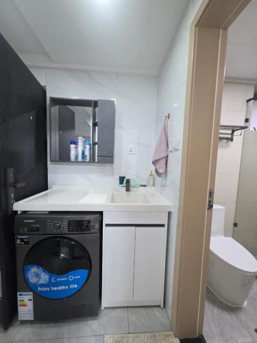 a bathroom with a washer and a sink at Purplehaze Place in Nairobi