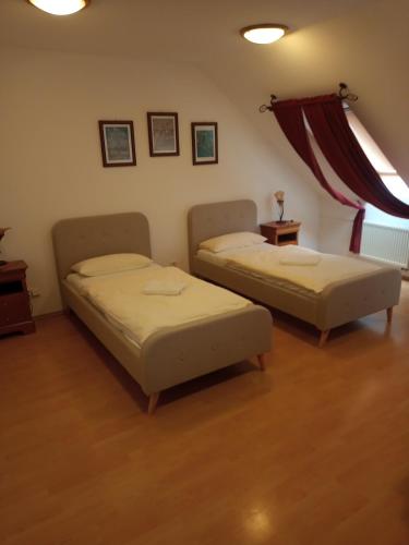 a room with two beds and a window at Penzion Scarlet in Trenčín