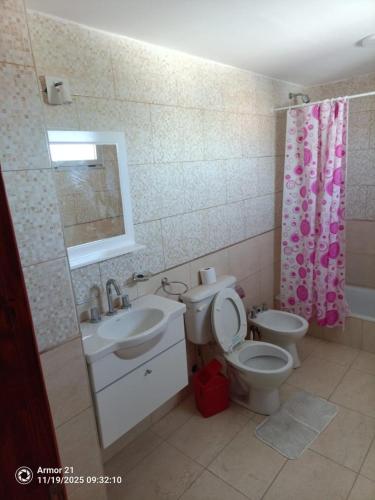 a bathroom with a toilet and a sink and a mirror at Los corales torre norte in Santa Teresita