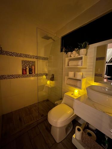 a bathroom with a toilet and a sink at Casa Jardin BV in San Antonio