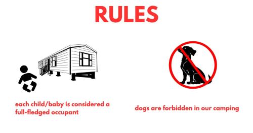 a sign that reads rules that a child baby is considered a full fledged company at Camping Sole Di Sari in Sari Solenzara