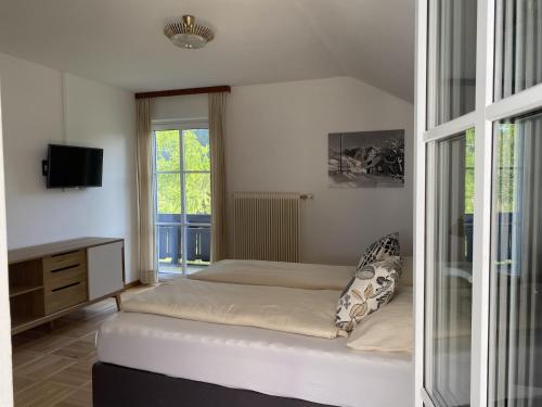 a bedroom with a bed and a tv and a window at Apartmenthaus Eisenstraße in Lunz am See