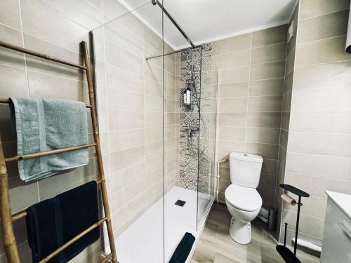 a bathroom with a toilet and a shower at Sète Studio Parking Privé Loggia in Sète