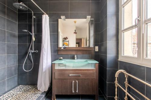 a bathroom with a sink and a shower at La Maison Haute in La Fosse-de-Tigné