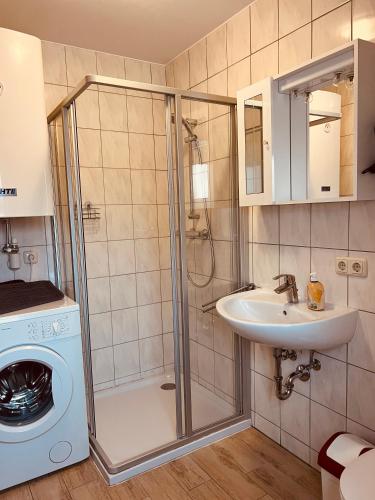 a bathroom with a shower and a sink and a washing machine at Appartement Gombotz in Halbenrain