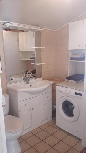 a bathroom with a sink and a washing machine at mini maison mini budget in Soulac-sur-Mer