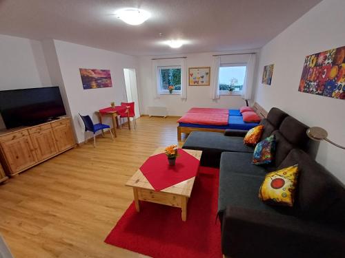 a living room with a couch and a flat screen tv at Charme Appartment in Freiburg im Breisgau