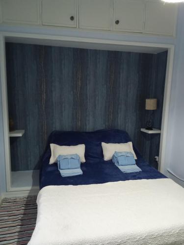 a bed with two blue pillows on top of it at casa thocamalu's in Covelo