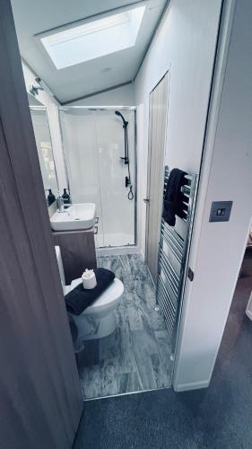 a bathroom with a shower and a toilet and a sink at Blue Water Retreats in Carnforth