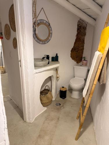 a bathroom with a toilet and a sink and a mirror at Refúgio do Duque in Motrinos