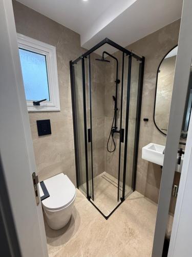 a bathroom with a shower and a toilet and a sink at Marimar villa in Protaras