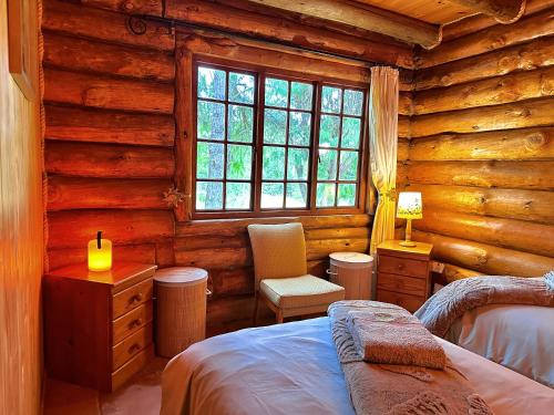 a bedroom with two beds in a log cabin at Little Lions in Dullstroom