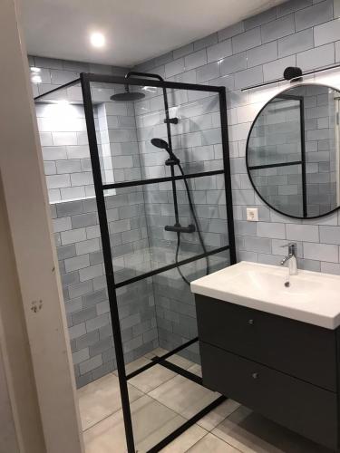 a bathroom with a shower with a sink and a mirror at studio at the Rijksmuseum in Amsterdam