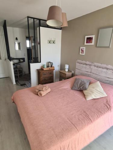 a bedroom with a pink bed with a stuffed animal on it at Le Petit Chêne in Orgnac-lʼAven