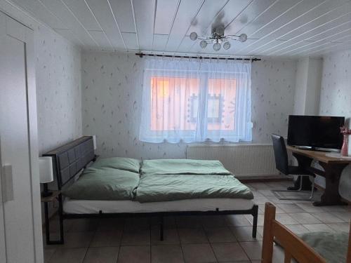 a bedroom with a bed and a desk and a television at Ferien- & Monteurswohnung Krüger Werra Suhl Tal in Raßdorf