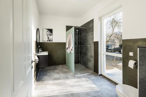 a bathroom with a shower and a toilet and a window at Modernes Apartment in Mistelgau 3 in Mistelgau