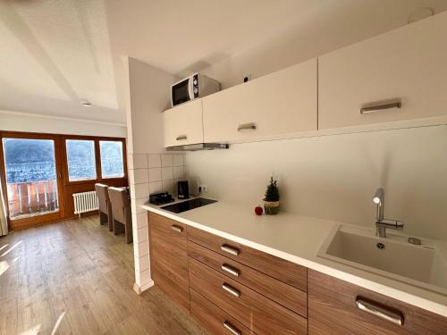 a kitchen with a sink and a counter top at Appartements Waldrose in Titisee-Neustadt