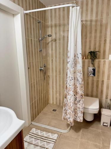a bathroom with a shower with a toilet and a shower curtain at Royal Park A&7 Deluxe, swim pool - by G&P suites in Eilat