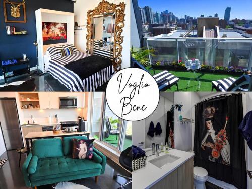 a collage of photos of a hotel room at Boutique Studio City Views, Patio, Fireplace Voglio Bene in Calgary