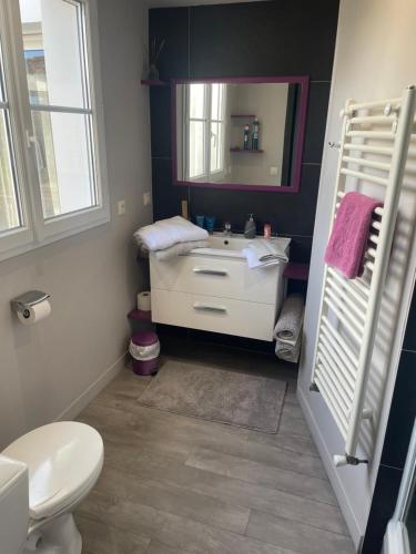 a bathroom with a sink and a toilet and a mirror at Ô Sens Jacuzzi et Massages in Challans