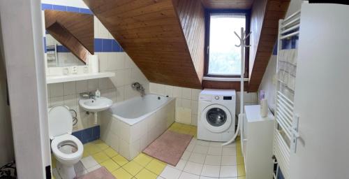 a bathroom with a sink and a washing machine at Zukalka 2KK - 3 in Ostrava