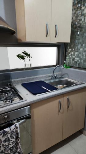 a kitchen counter with a sink and a stove at Amazing pool in the middle of the city in Mexico City