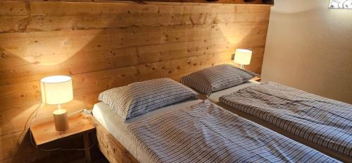 two twin beds in a bedroom with two lamps at Molin in Vigo di Fassa