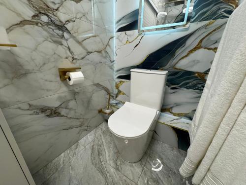 a bathroom with a toilet and a marble wall at G - Boutique in Durban