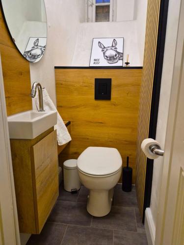 ein Badezimmer mit Toilette, Waschbecken und Spiegel in der Unterkunft Beletage Cologne in Köln