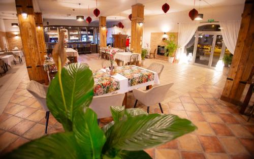 a dining room with a table and chairs and plants at Stara Owczarnia NOWA NIEDRZWICA in Nowa Niedrzwica