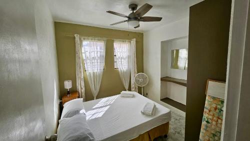 a bedroom with a bed and a ceiling fan at Ventnor House Apartments in Bridgetown