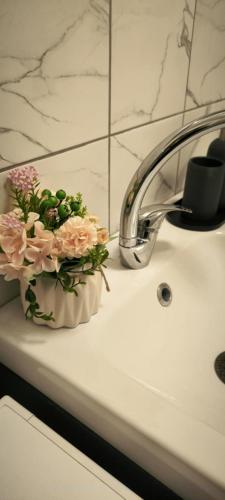 a vase of flowers sitting on a bathroom sink at Masčio apartamentai in Telšiai