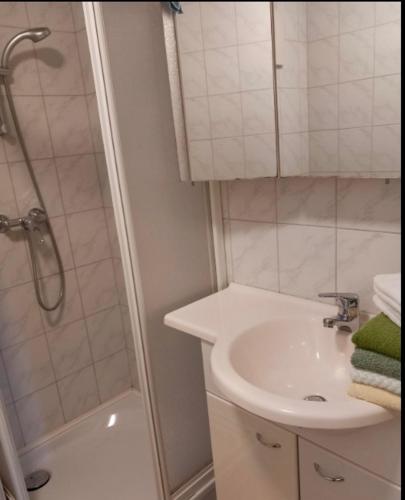 a white bathroom with a sink and a shower at Apartment Roßleithen in Bahnhof Roßleithen