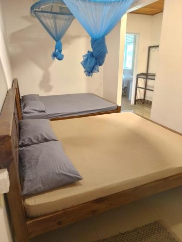 two bunk beds in a room with blue curtains at Polhena Coral Reef Resort in Matara